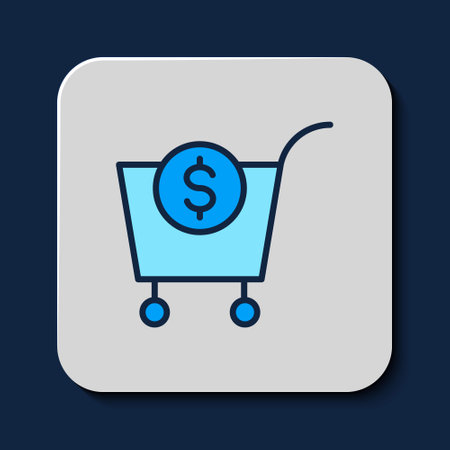 Filled outline Shopping cart and dollar symbol icon isolated on blue background. Online buying concept. Delivery service. Supermarket basket. Vectorのイラスト素材