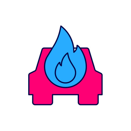 Filled outline Burning car icon isolated on white background. Car on fire. Broken auto covered with fire and smoke. Vectorのイラスト素材