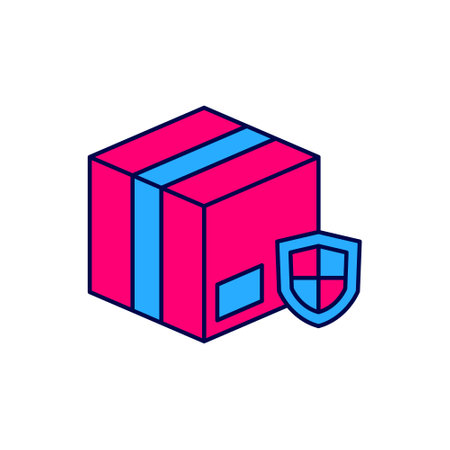Filled outline Delivery security with shield icon isolated on white background. Delivery insurance. Insured cardboard boxes beyond the shield. Vectorのイラスト素材