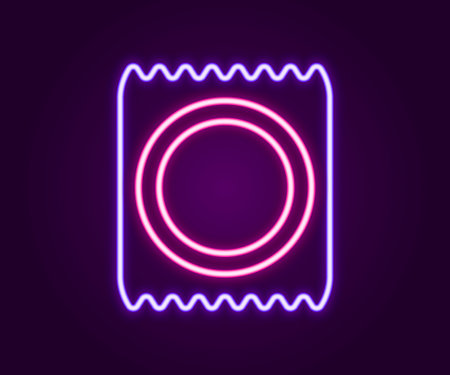 Glowing neon line Condom in package icon isolated on black background. Safe love symbol. Contraceptive method for male. Colorful outline concept. Vectorのイラスト素材