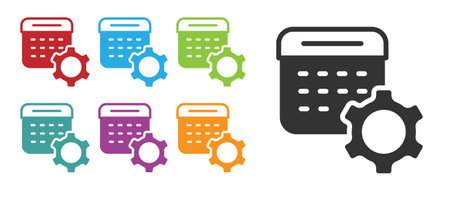 Black Calendar settings icon isolated on white background. Date settings. Set icons colorful. Vectorのイラスト素材