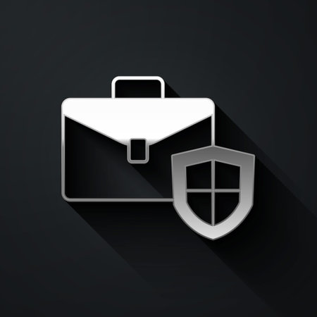 Silver Briefcase with shield icon isolated on black background. Insurance concept. Security, safety, protection, protect concept. Long shadow style. Vectorのイラスト素材