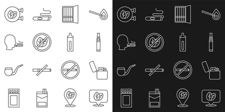 Set line Tobacco leaf, Lighter, Electronic cigarette, Cigarette case, No tobacco, Man smoking, shop and icon. Vectorのイラスト素材