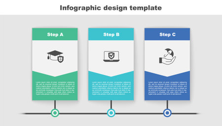 Set Graduation cap with shield, Insurance online and Umbrella hand. Business infographic template. Vectorのイラスト素材