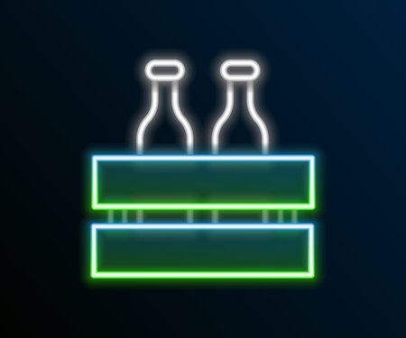 Glowing neon line Pack of beer bottles icon isolated on black background. Wooden box and beer bottles. Case crate beer box sign. Colorful outline concept. Vectorのイラスト素材