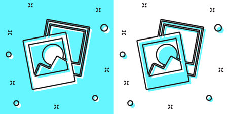 Black line Photo frame icon isolated on green and white background. Vintage empty photos frame....