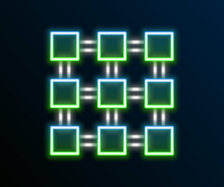 Glowing neon line Blockchain technology icon isolated on black background. Cryptocurrency data. Abstract geometric block chain network technology business. Colorful outline concept. Vectorのイラスト素材