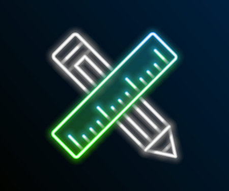Glowing neon line Crossed ruler and pencil icon isolated on black background. Straightedge symbol. Drawing and educational tools. Colorful outline concept. Vectorのイラスト素材