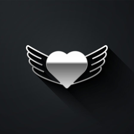 Silver Heart with wings icon isolated on black background. Love symbol. Happy Valentines day. Long shadow style. Vectorのイラスト素材