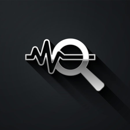 Silver Magnifying glass and data analysis icon isolated on black background. Search sign. Long shadow style. Vectorのイラスト素材