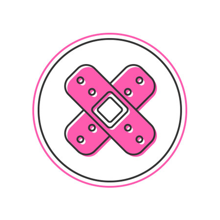 Filled outline Crossed bandage plaster icon isolated on white background. Medical plaster, adhesive bandage, flexible fabric bandage. Vectorのイラスト素材