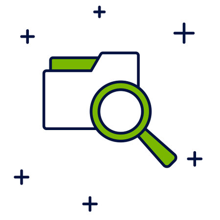 Filled outline Search concept with folder icon isolated on white background. Magnifying glass and document. Data and information sign. Vectorのイラスト素材