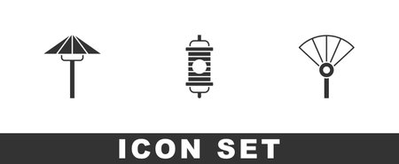 Set Japanese umbrella from the sun, Chinese paper lantern and or japanese folding fan icon. Vectorのイラスト素材