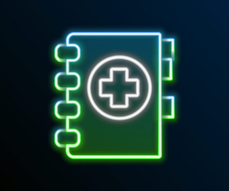 Glowing neon line Medical clipboard with clinical record icon isolated on black background. Prescription, medical check marks report. Colorful outline concept. Vectorのイラスト素材