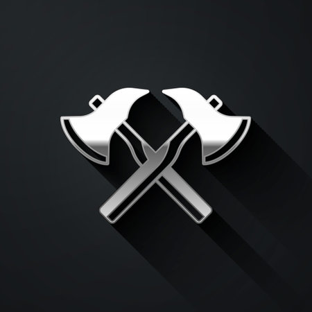 Silver Firefighter axe icon isolated on black background. Fire axe. Long shadow style. Vectorのイラスト素材