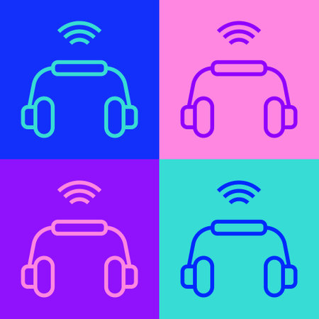 Pop art line Smart headphones system icon isolated on color background. Internet of things concept with wireless connection. Vectorのイラスト素材