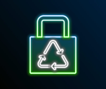 Glowing neon line Paper shopping bag with recycle icon isolated on black background. Bag with recycling symbol. Colorful outline concept. Vectorのイラスト素材