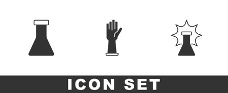 Set Test tube and flask, Medical rubber gloves and Chemical explosion icon. Vectorのイラスト素材