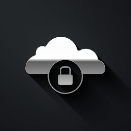 Silver Cloud computing lock icon isolated on black background. Security, safety, protection concept. Protection of personal data. Long shadow style. Vectorのイラスト素材