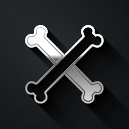 Silver Crossed bones icon isolated on black background. Pets food symbol. Happy Halloween party. Long shadow style. Vectorのイラスト素材