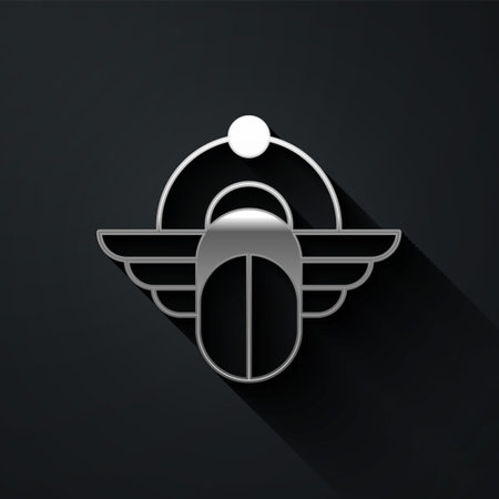 Silver Egyptian Scarab icon isolated on black background. Winged scarab Beetle and sun. Long shadow style. Vectorのイラスト素材