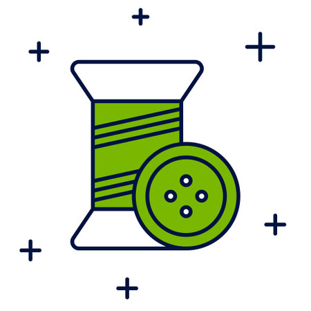 Filled outline Sewing thread on spool and button icon isolated on white background. Yarn spool. Thread bobbin. Vectorのイラスト素材