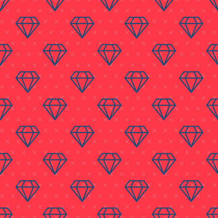 Blue line Diamond icon isolated seamless pattern on red background. Jewelry symbol. Gem stone....