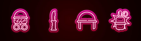 Set line Gas mask, Military knife, helmet and Hand grenade. Glowing neon icon. Vectorのイラスト素材
