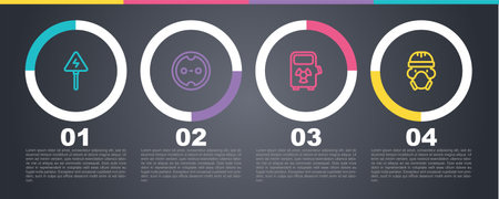 Set line High voltage sign, Electrical outlet, car charging station and Nuclear reactor worker. Business infographic template. Vectorのイラスト素材