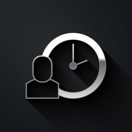 Silver Work time icon isolated on black background. Office worker. Working hours. Business...