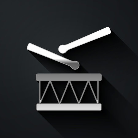 Silver Drum with drum sticks icon isolated on black background. Music sign. Musical instrument symbol. Long shadow style. Vectorのイラスト素材
