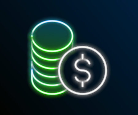 Glowing neon line Coin money with dollar symbol icon isolated on black background. Banking currency sign. Cash symbol. Colorful outline concept. Vectorのイラスト素材