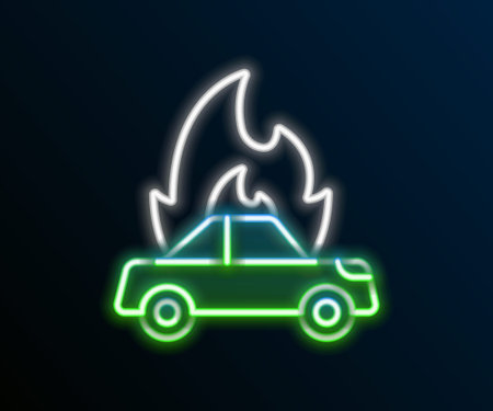 Glowing neon line Burning car icon isolated on black background. Insurance concept. Car on fire. Broken auto covered with fire and smoke. Colorful outline concept. Vectorのイラスト素材