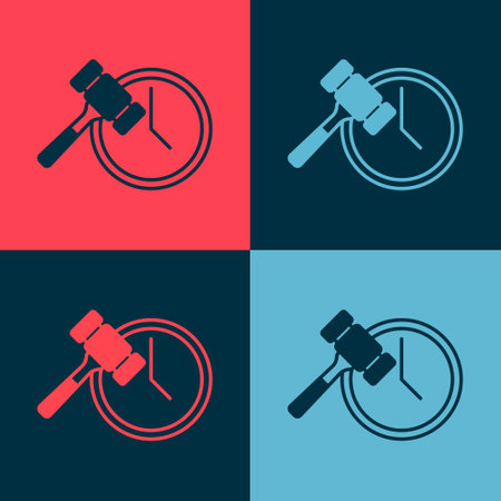 Pop art Auction hammer icon isolated on color background. Gavel - hammer of judge or auctioneer. Bidding process, deal done. Auction bidding. Vectorのイラスト素材