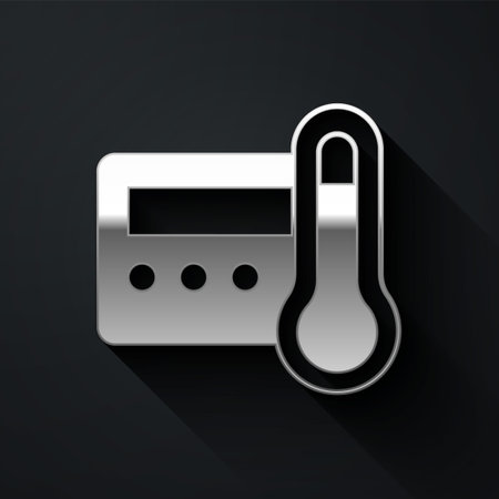 Silver Thermostat icon isolated on black background. Temperature control. Long shadow style. Vectorのイラスト素材