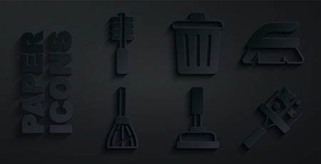 Set Rubber plunger, Brush for cleaning, Handle broom, cleaner windows, Trash can and Toilet brush icon. Vectorのイラスト素材