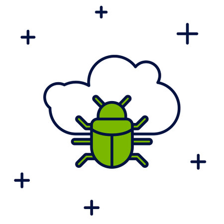 Filled outline System bug on a cloud icon isolated on white background. Cloud computing design concept. Digital network connection. Vectorのイラスト素材