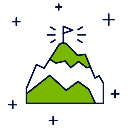 Filled outline Mountains with flag on top icon isolated on white background. Symbol of victory or success concept. Goal achievement. Vectorのイラスト素材