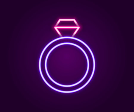 Glowing neon line Wedding rings icon isolated on black background. Bride and groom jewelry sign. Marriage symbol. Diamond ring. Colorful outline concept. Vectorのイラスト素材