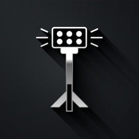 Silver Studio light bulb in softbox icon isolated on black background. Shadow reflection design. Long shadow style. Vectorのイラスト素材