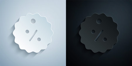 Paper cut Discount percent tag icon isolated on grey and black background. Shopping tag sign. Special offer sign. Discount coupons symbol. Paper art style. Vectorのイラスト素材