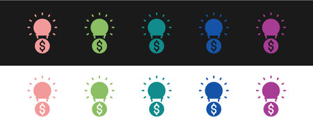 Set Light bulb with dollar symbol icon isolated on black and white background. Money making ideas. Fintech innovation concept. Vectorのイラスト素材