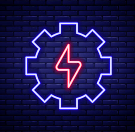 Glowing neon line Gear and lightning icon isolated on brick wall background. Electric power. Lightning bolt sign. Colorful outline concept. Vectorのイラスト素材
