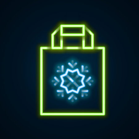 Glowing neon line Christmas paper shopping bag with snowflake icon isolated on black background. Package sign. Merry Christmas and Happy New Year. Colorful outline concept. Vectorのイラスト素材
