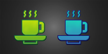Green and blue Coffee cup icon isolated on black background. Tea cup. Hot drink coffee. Vectorのイラスト素材