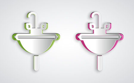 Paper cut Washbasin with water tap icon isolated on grey background. Paper art style. Vectorのイラスト素材
