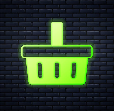 Glowing neon Shopping basket icon isolated on brick wall background. Online buying concept. Delivery service sign. Shopping cart symbol. Vectorのイラスト素材