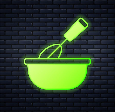 Glowing neon Cooking whisk with bowl icon isolated on brick wall background. Cooking utensil, egg beater. Cutlery sign. Food mix symbol. Vectorのイラスト素材
