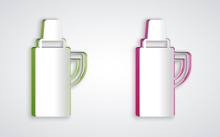 Paper cut Thermo container icon isolated on grey background. Thermo flask icon. Camping and hiking equipment. Paper art style. Vectorのイラスト素材