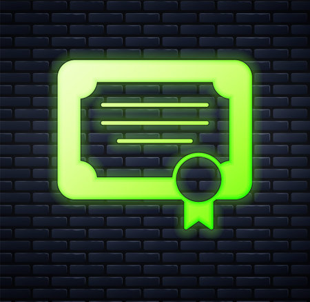 Glowing neon Certificate template icon isolated on brick wall background. Achievement, award, degree, grant, diploma concepts. Vectorのイラスト素材